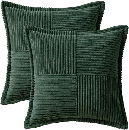 Christmas Decorative Throw Pillow Covers for Couch Bed Livingroom 18X18 Inch Set of 2 Dark Green Boho Accent Throw Pllows Broadside Striped Patchwork Soft Corduroy Pillowcases