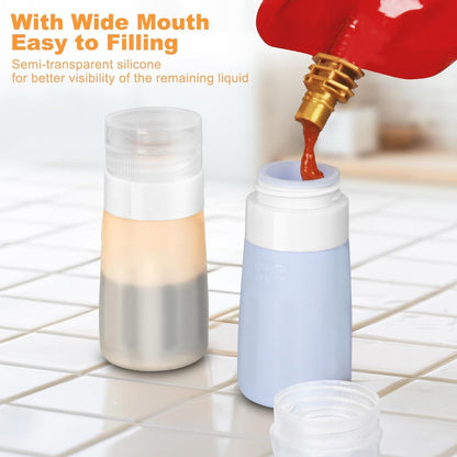 4Pcs Condiment Squeeze Bottles for Sauces, Leakproof Salad Dressing Container to Go, Small Silicone Squeeze Bottles with Brush, Condiment Containers Dispenser for Ketchup Hot Sauce Lunch Travel, 2 Oz