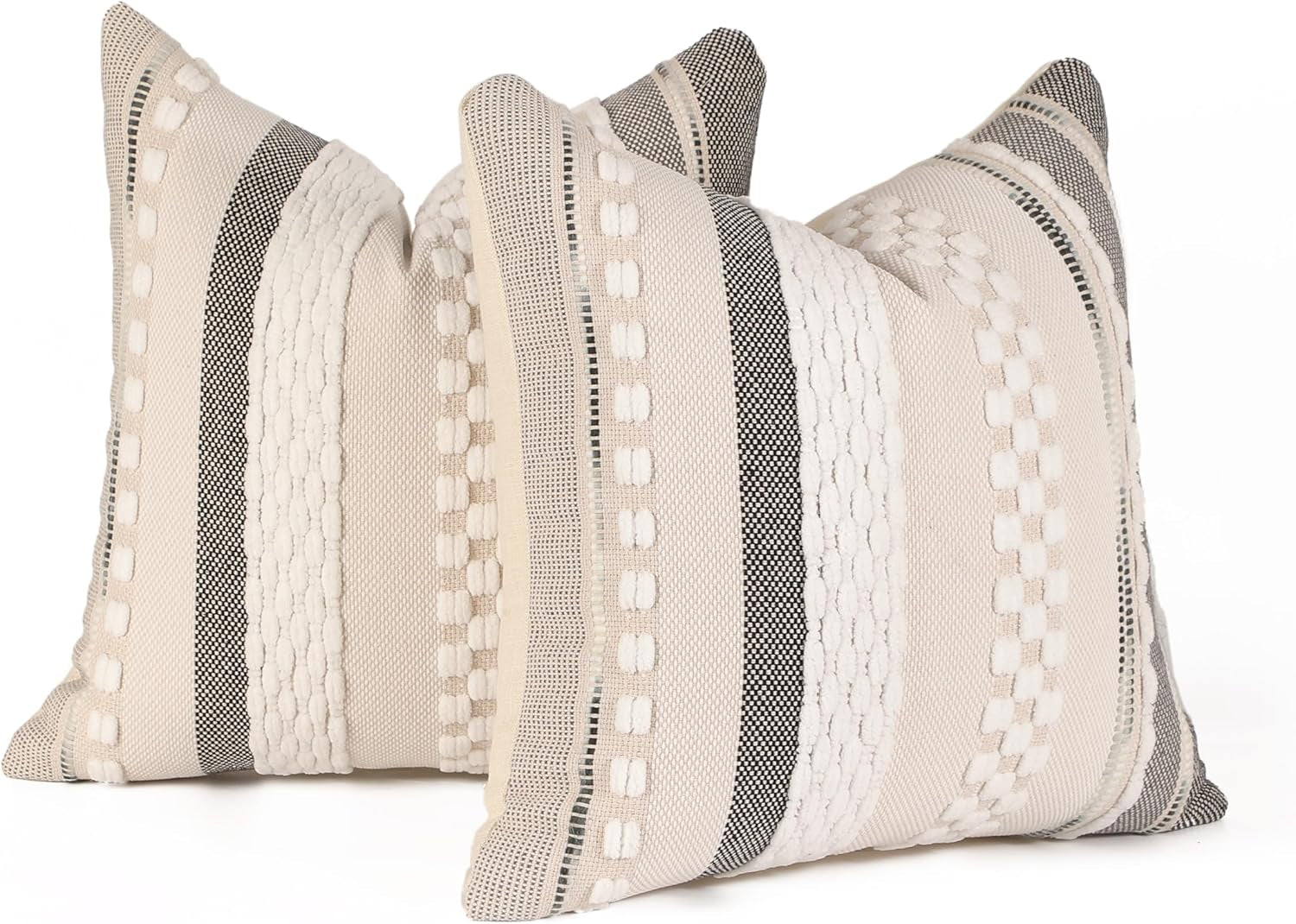Pack of 2 Boho Throw Pillow Covers Accent Striped Pillowcovers Farmhouse Decorative Cushion Case Home Decor 18 X 18 Inch White