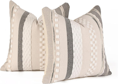 Pack of 2 Boho Throw Pillow Covers Accent Striped Pillowcovers Farmhouse Decorative Cushion Case Home Decor 18 X 18 Inch White