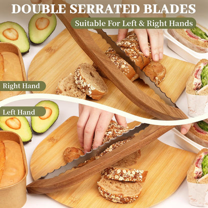Serrated Bread Knife with Accessories - 15.7" Acacia Wood Bow, Double Serrated Stainless Steel Blades, Sourdough Bread Knife for Homemade Bread Sourdough, Bagels, Baguettes, Cheese, Fruit, Cake