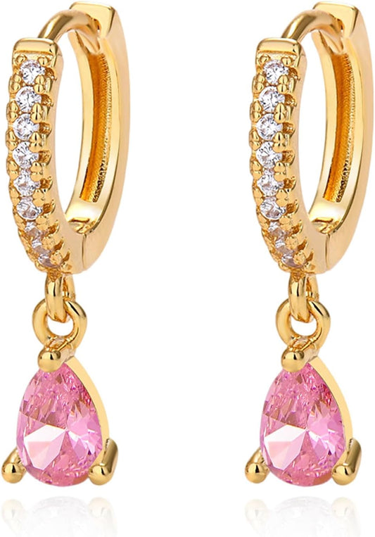 14K Gold Birthstone Trendy Dangle Earrings for Women Teardrop Small Hoop Huggie Hypoallergenic CZ Minimalist Open Earrings Jewelry for Women Gift