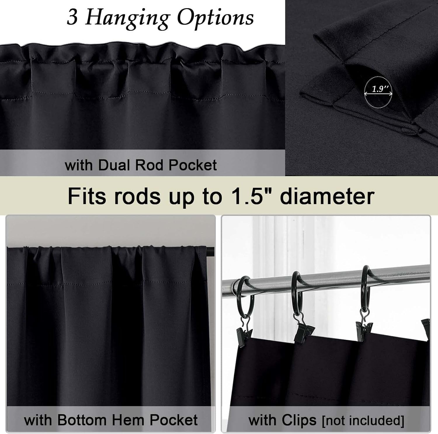 Black Valance for Windows, Short Blackout Curtains for Kitchen/Small Windows with Rod Pocket，Thermal Insulated Solid Curtain Valance, Each 60Wx14L Inches, 1 Piece