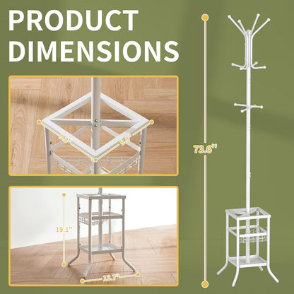 Coat Rack Freestanding, Coat Tree with Umbrella Holder, Metal Coat Rack Stand with 12 Hooks, Modern Coat Hanger Stand for Entryway, Purse Rack Hat Rack Stand for Living Room Bedroom Office