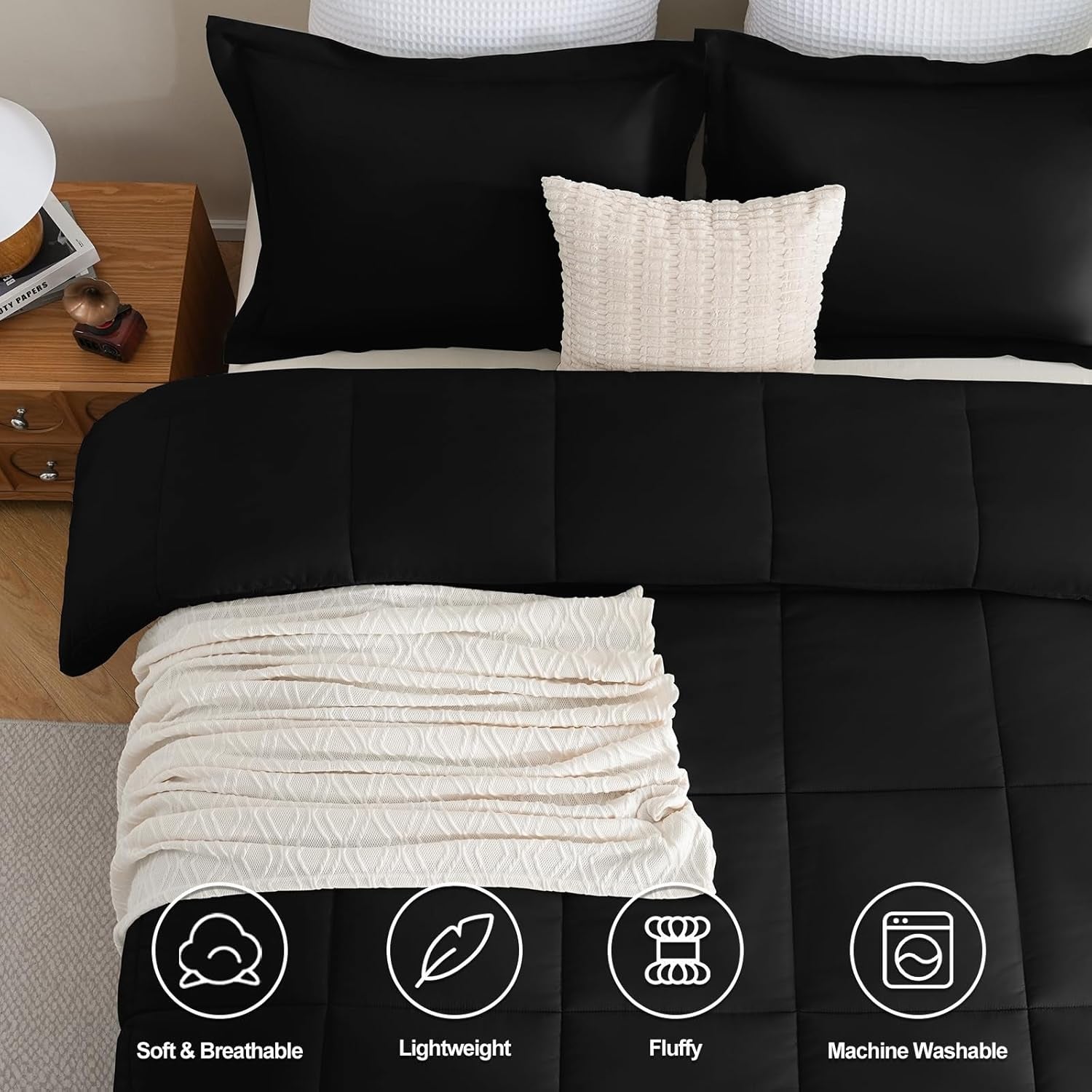 Queen Comforter Set Black - 3 Pieces Box Stitched Comforters Queen Size, Soft Bed Set for All Seasons, Lightweight Bedding Sets with 1 down Alternative Comforter and 2 Pillow Shams