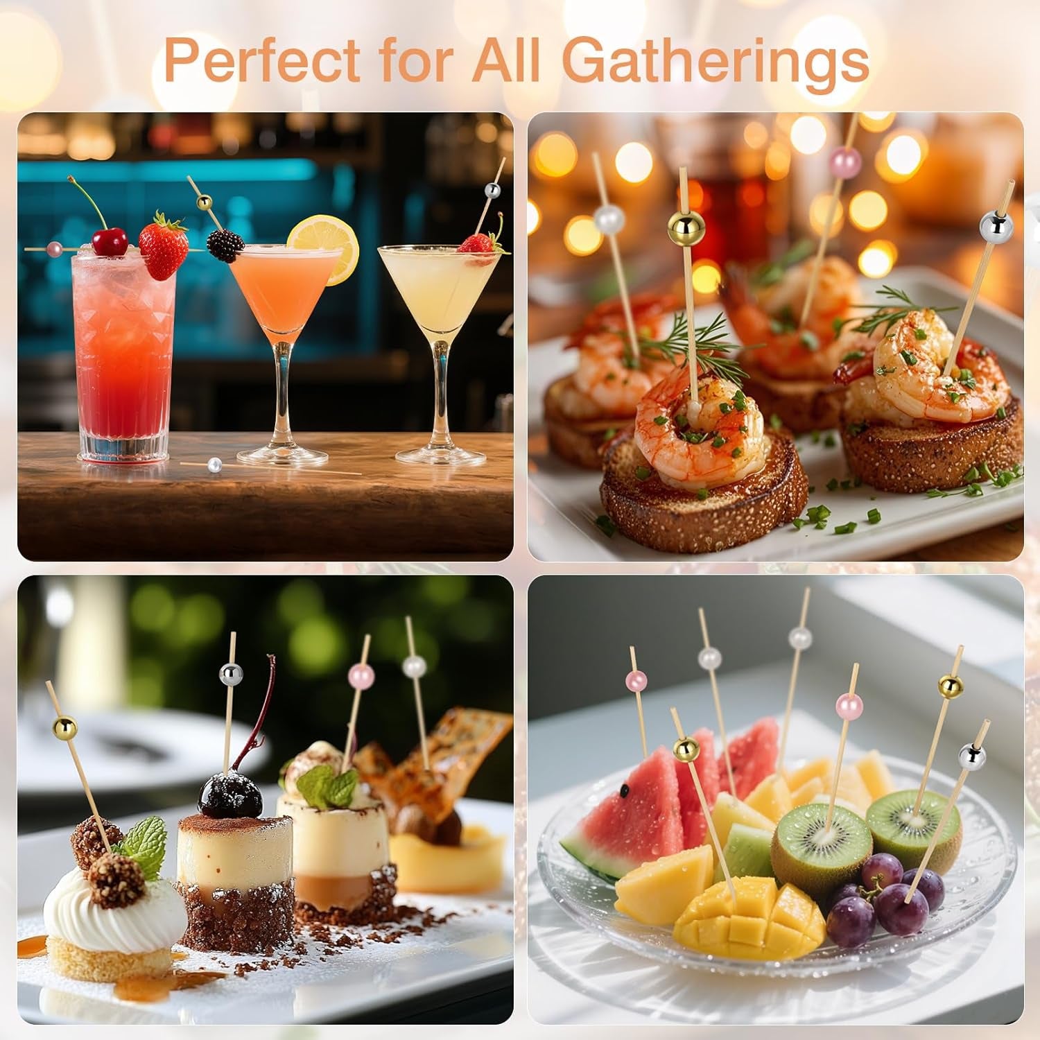 200 Cocktail Picks, Decorative Pearl Fancy Toothpicks for Appetizers, 4.7 in Long Bamboo Skewers Wood Garnish Sticks for Food Drink Fruit Party Charcuterie Boards Accessories (Gold/White/Pink/Silver)