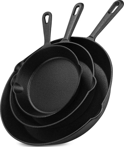 Cast Iron Skillets 3 Piece Set, Chefs Pan, Pre Seasoned Cast Iron Skillets, 6, 8 & 10 Inches, Easy Use in the Oven, Stove, Grill, or Campfire, Black