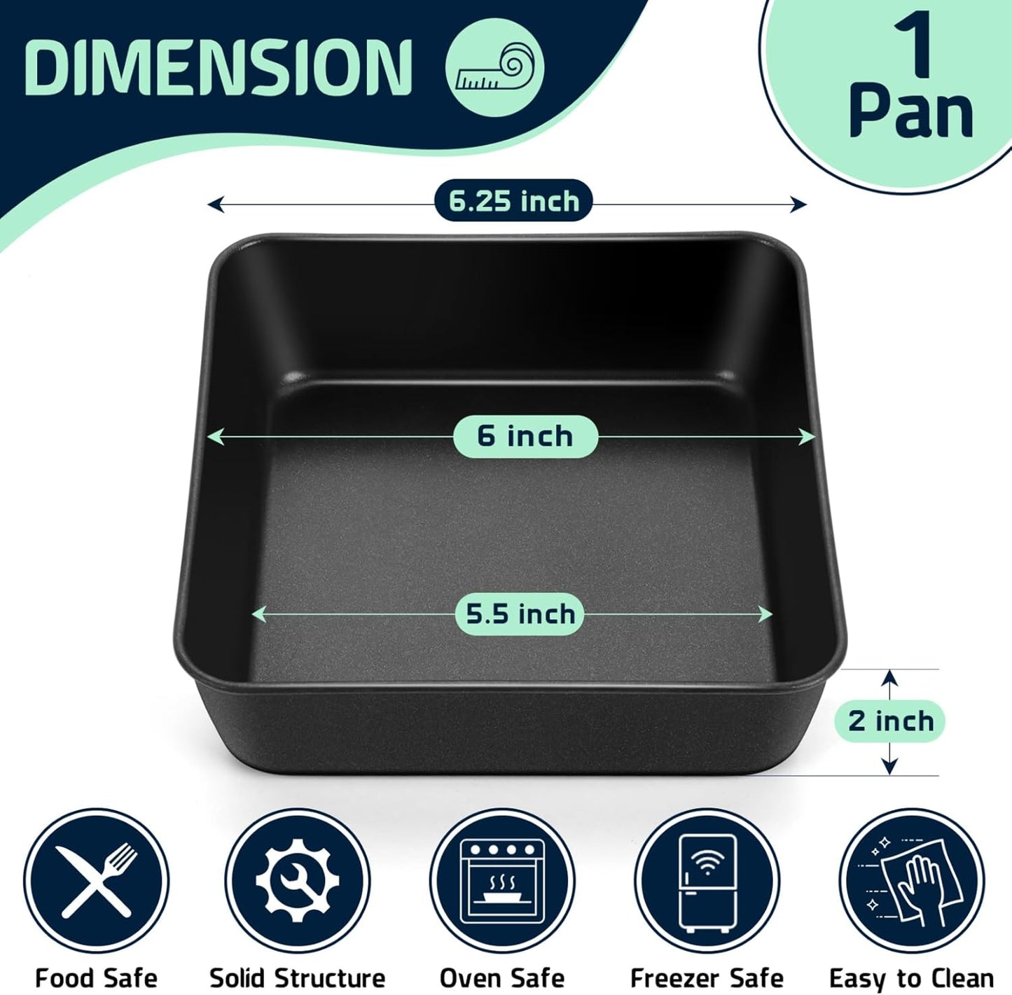 6 Inch Square Cake Pan, Nonstick Square Baking Pan for Cake Brownie Lasagna, Stainless Steel Core for Sturdy Structure, Non-Toxic & Oven Safe, Black, 1Pc