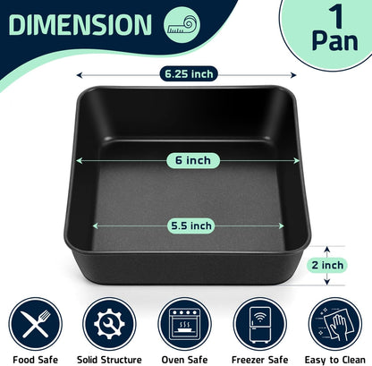 6 Inch Square Cake Pan, Nonstick Square Baking Pan for Cake Brownie Lasagna, Stainless Steel Core for Sturdy Structure, Non-Toxic & Oven Safe, Black, 1Pc