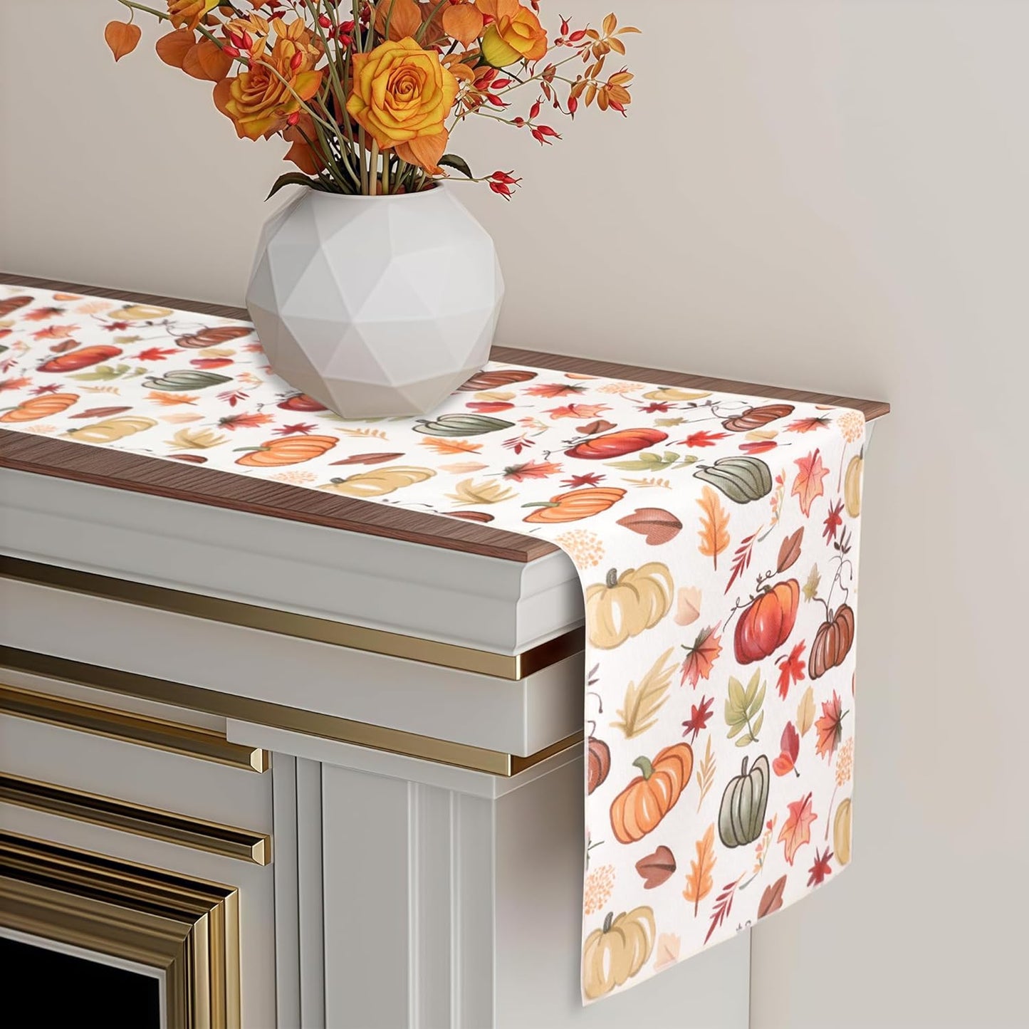 Fall Table Runner for Kitchen Dining Table, Thanksgiving Autumn Printed Harvest Pumpkins Maple Leaves Textured Fabric Halloween Holiday Home Decorations, Water-Proof, Washable, 13" W X 36" L