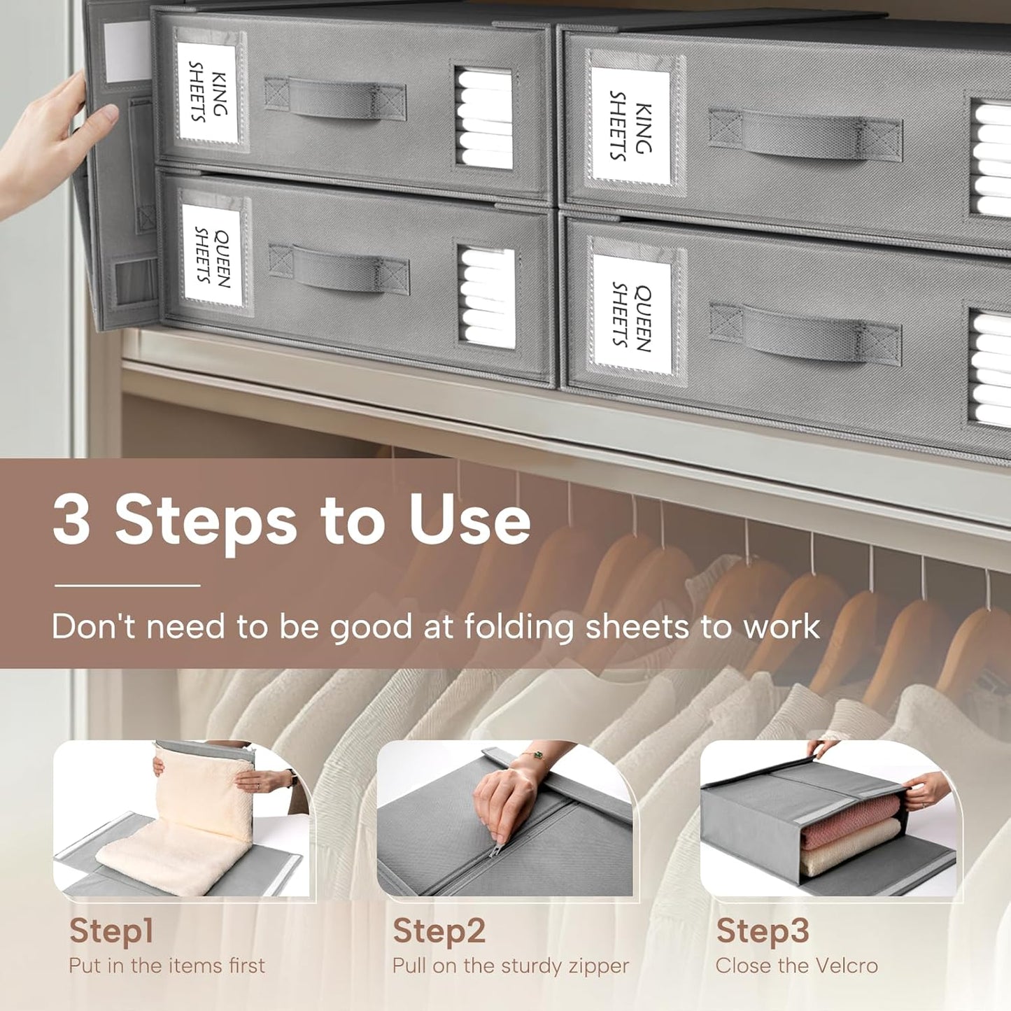 Bed Sheet Organizers and Storage, 6 Pack Foldable Linen Closet Organizer Box – Bedding Holder for Sheet Set (King/Queen Sizes), Duvet Covers, Blankets (Grey)