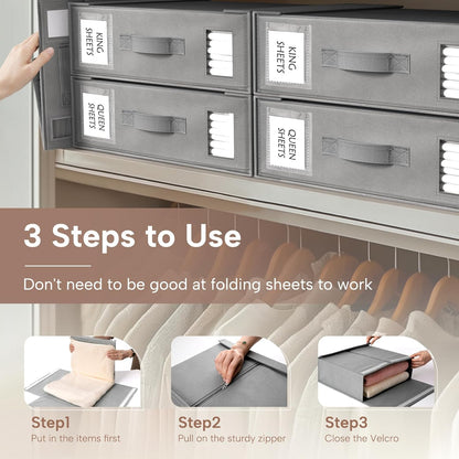 Bed Sheet Organizers and Storage, 6 Pack Foldable Linen Closet Organizer Box – Bedding Holder for Sheet Set (King/Queen Sizes), Duvet Covers, Blankets (Grey)