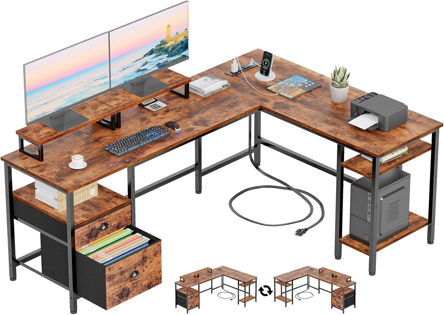 66” L Shaped Desk with Power Outlet, Reversible Computer Gaming Desk with File Drawer & 2 Monitor Stands for Home Office with Storage Shelves, Rustic Brown
