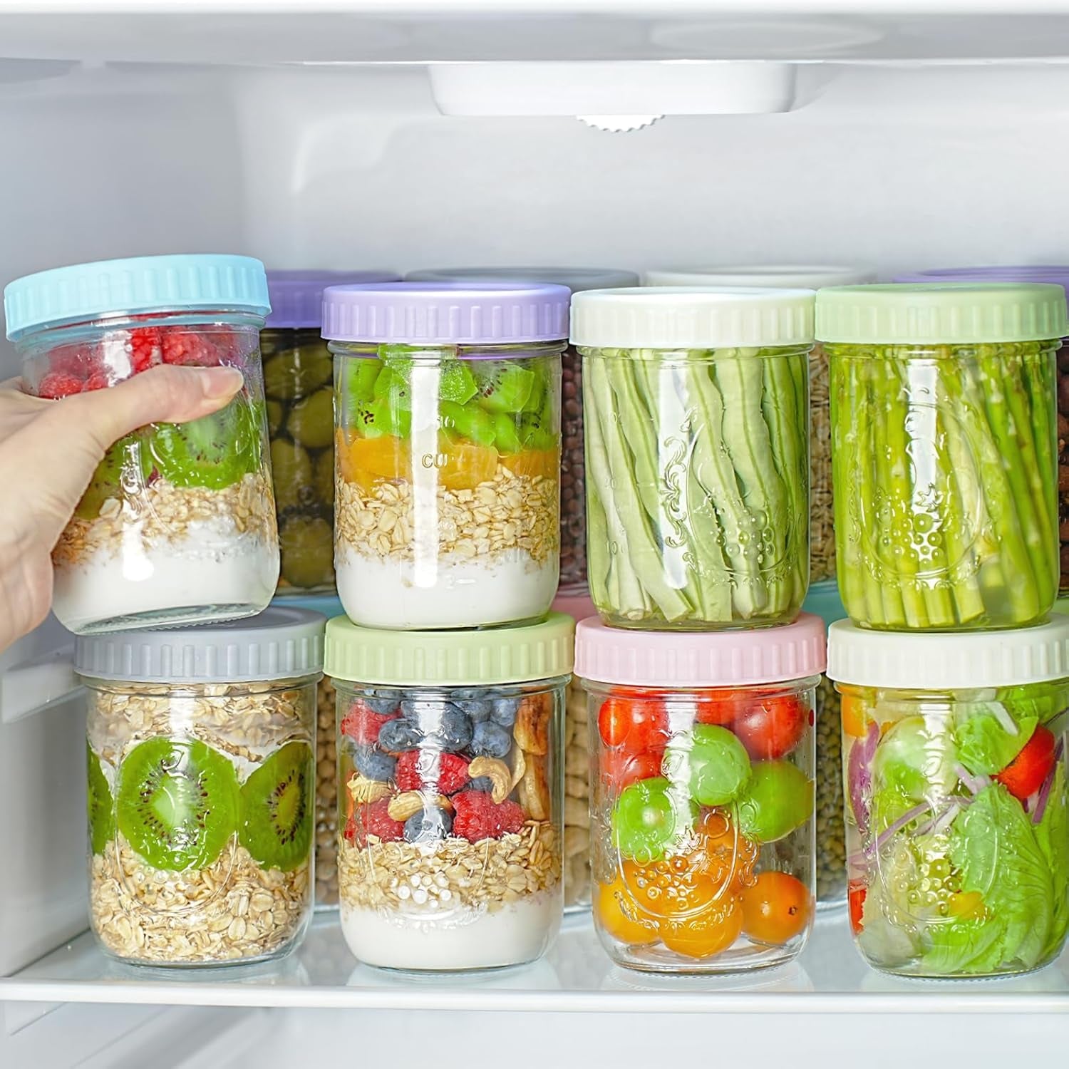 Overnight Oats Containers with Lids, 6-Pack Glass Mason Jars 16 Oz with Lids Wide Mouth, Reusable Food Storage Containers for Snack, Chia Pudding, Yogurt, Meal Prep, Salad