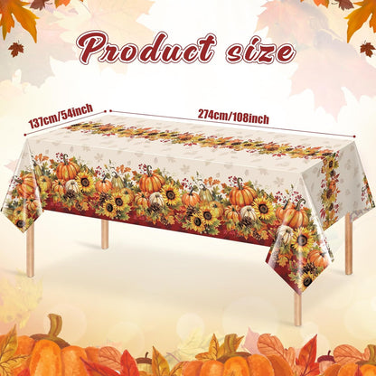 3 Pack 108X54 Inch Fall Tablecloths, Sunflower Pumpkin Tablecloth,Plastic Disposable Rectangle Table Cover for Autumn Harvest Thanksgiving Halloween Party Decorations