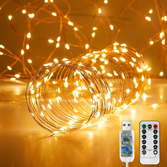 1 Pack 32. 8 Ft. USB Powered Fairy Lights with Remote & Timer, 100 LED USB Twinkle String Lights - Silver Wire, 8 Modes, Waterproof, Warm White Starry Lights for Party, Wedding, Christmas