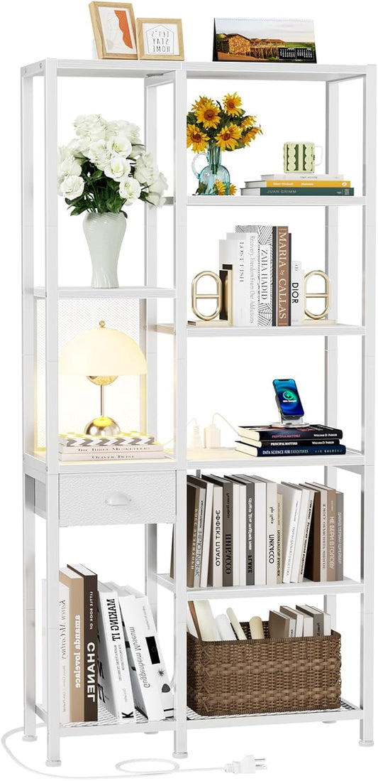 6-Tier Bookshelf with Charging Station, Double Display Shelf with Drawer, Tall Freestanding Bookcase, Metal Open Book Shelf for Living Room, Bedroom, Home Office, White