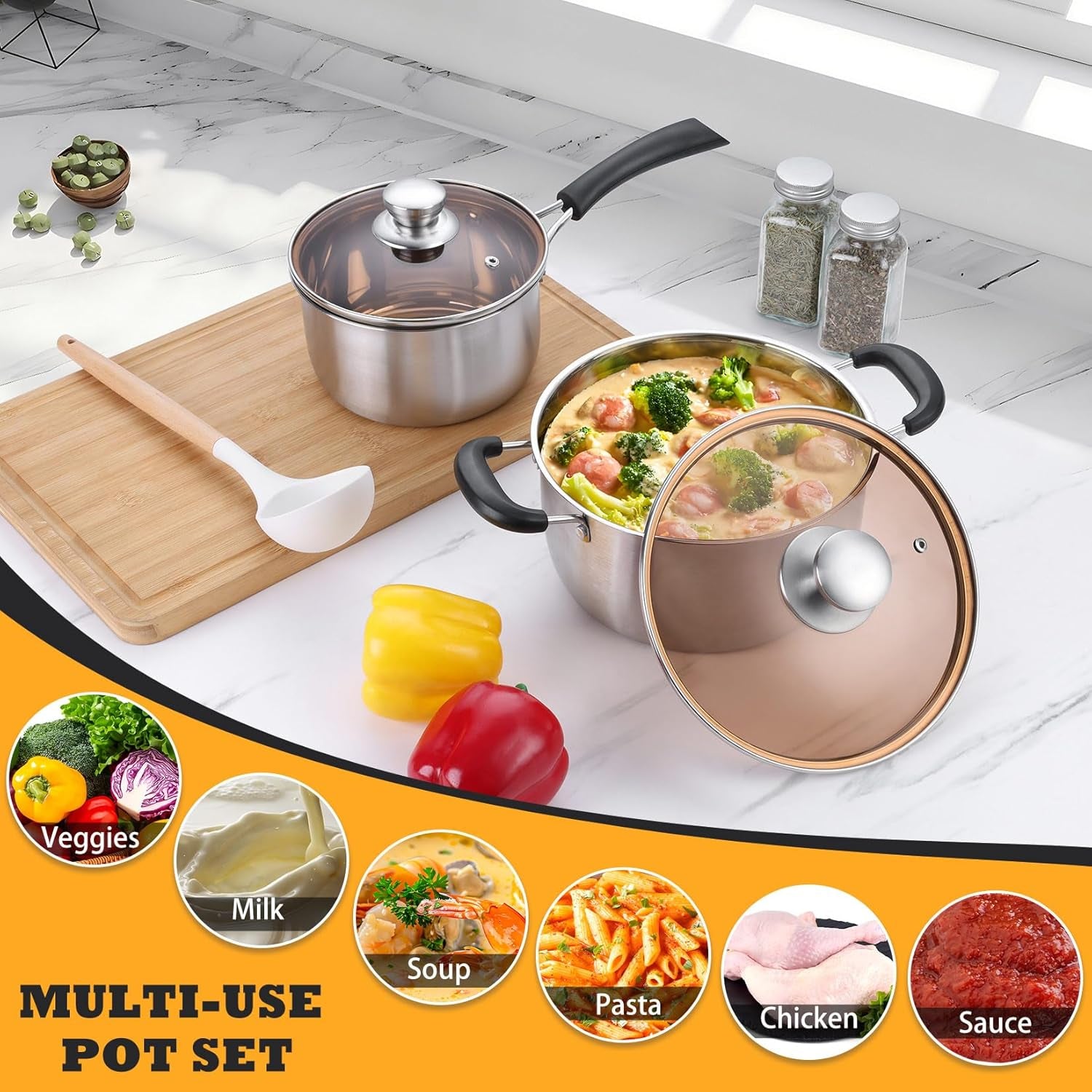 Saucepan and Stockpot Set, Stainless Steel Cooking Stock Pot with Lid, Good Cookware for Kitchen Cooking Boiling, Visible Lid & Heat-Proof Handle, Dishwasher Safe, 2QT & 4QT