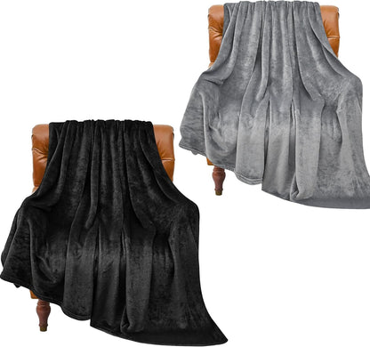 2 Pieces Fleece Blankets (Black & Grey, 50"X60"), Luxury Plush Cozy Fuzzy Blankets