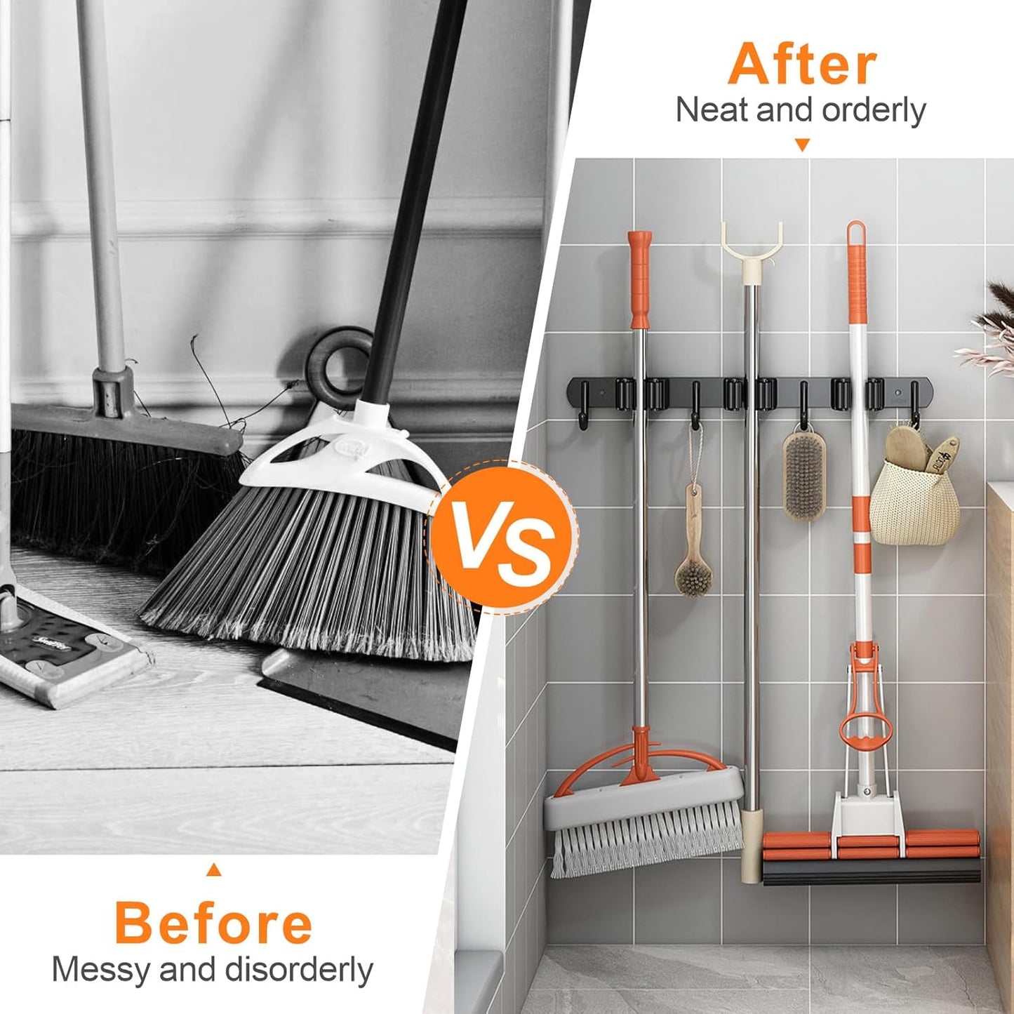 Stainless Steel Wall-Mounted Mop and Broom Holder with 3 Racks and 4 Hooks - Ideal for Kitchen, Garden, and Laundry Room Organization (Black)