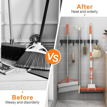 Stainless Steel Wall-Mounted Mop and Broom Holder with 3 Racks and 4 Hooks - Ideal for Kitchen, Garden, and Laundry Room Organization (Black)