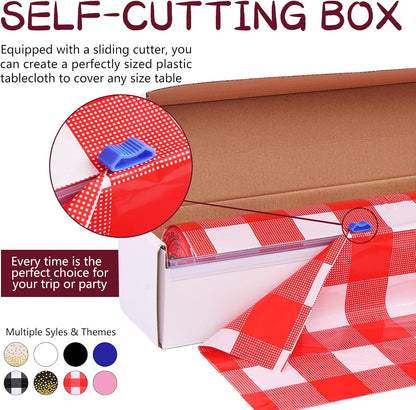Red Gingham Plastic Tablecloth Roll 54 Inch X 120Ft Red Checkered Disposable Plastic Table Cover Rolls with Easy Slide Self Cutter Box- Cut to Any Size Disposable Tablecloth for Picnic Party
