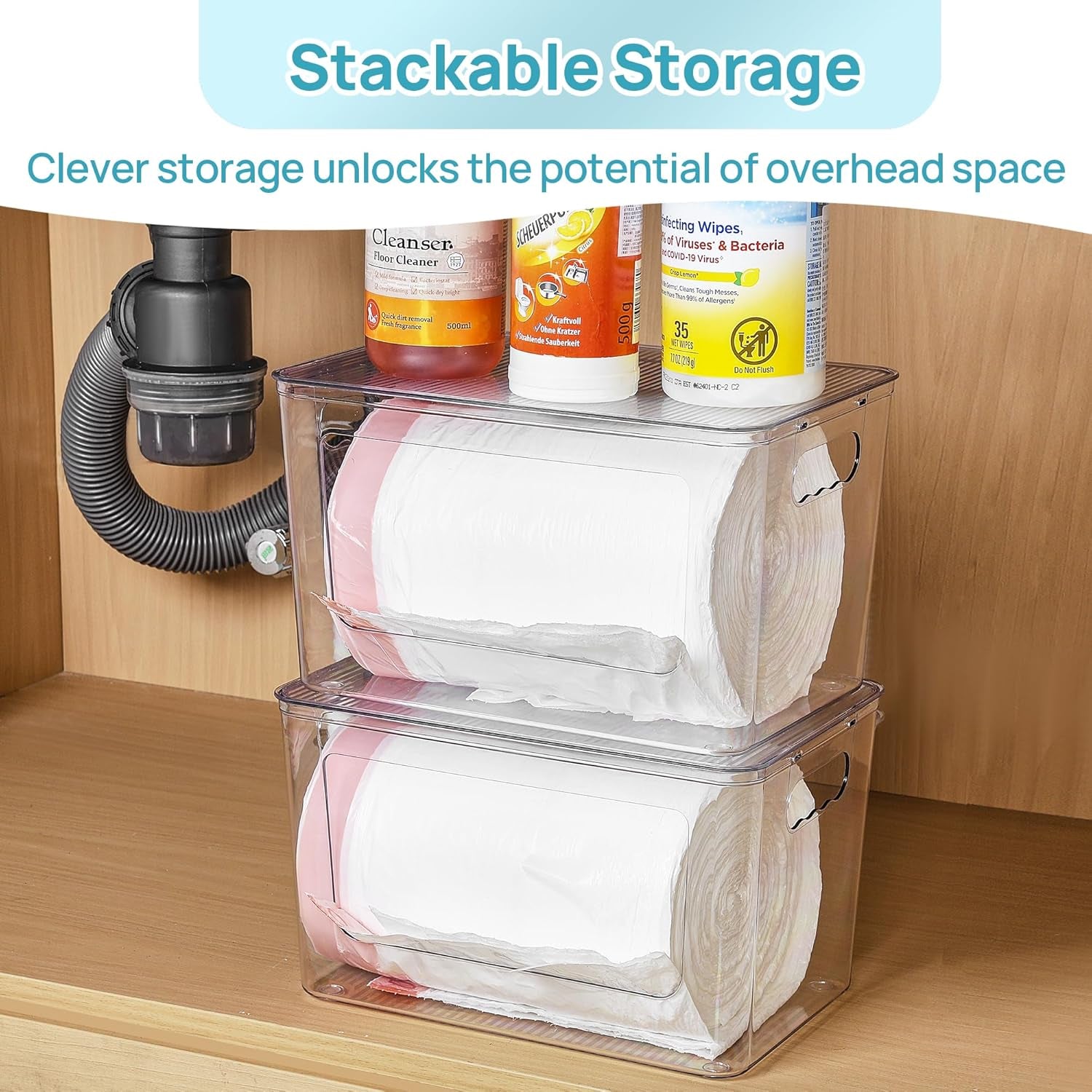 1 Pack Trash Bag Holder, Stackable Garbage Bag Dispenser for 13/30/33 Gallon Bags, Clear Organizer Bins for under Kitchen Sink, Laundry Room Organization and Storage