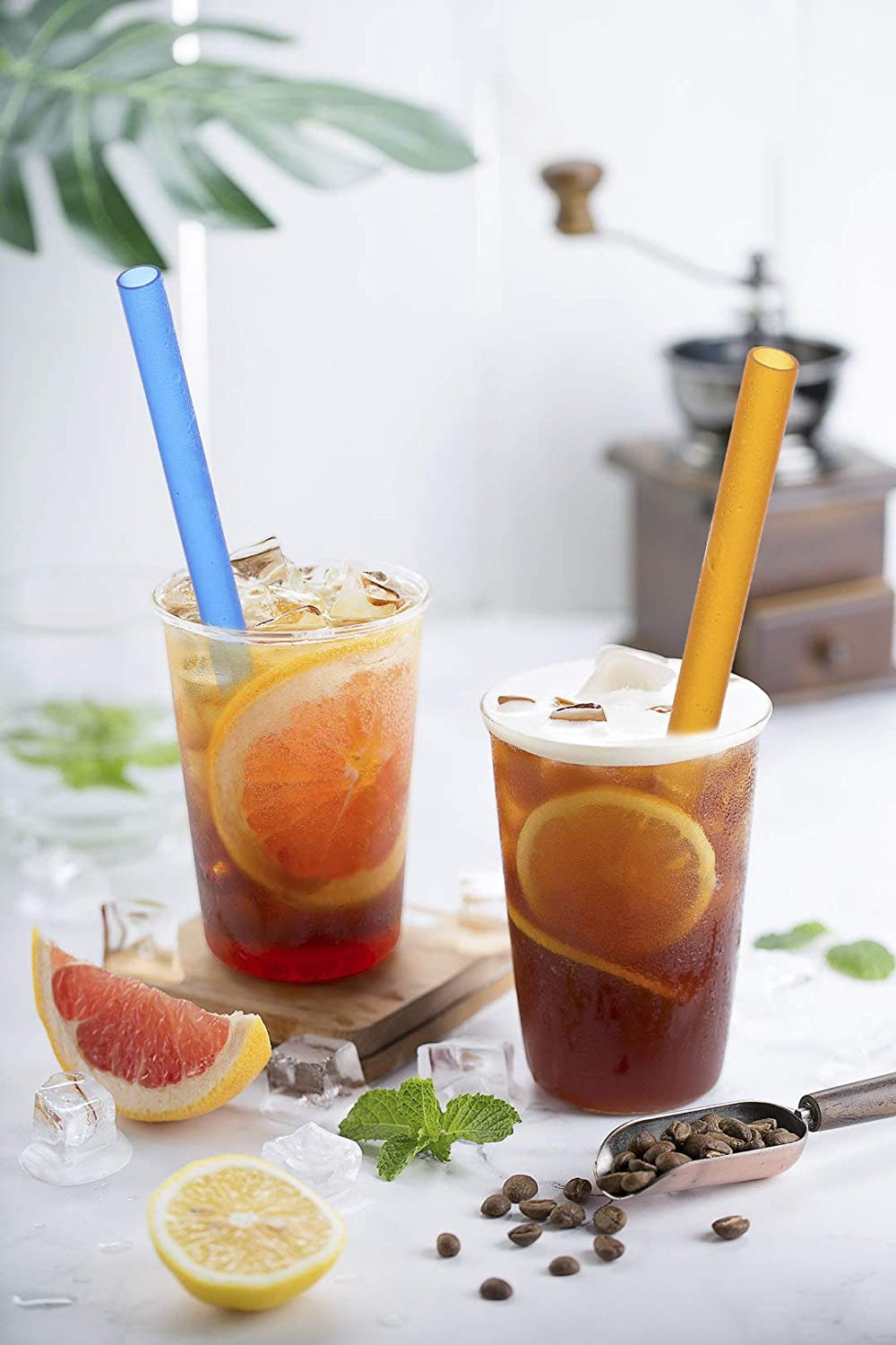 [Angled Tips] 8 Pcs Reusable Boba Straws & Smoothie Straws - Multi Colors Jumbo Wide Reusable Straw, BPA FREE Food-Grade Plastic Straw for Bubble Tea(Tapioca, Boba Pearls), Milkshakes with 2 Brushes