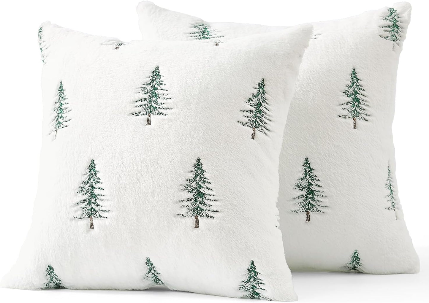 Christmas Decorative Pillow Covers Set of 2 Faux Fur Throw Pillows with Embroidered Christmas Tree 18X18 Inch White Green Winter Couch Covers for Festival Sofa Bedroom Living Room Home Decor