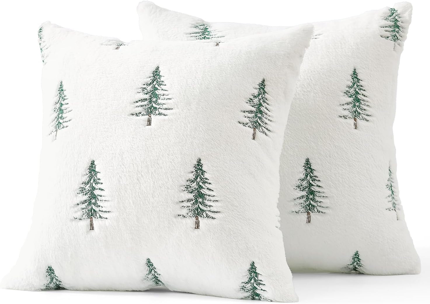Christmas Decorative Pillow Covers Set of 2 Faux Fur Throw Pillows with Embroidered Christmas Tree 18X18 Inch White Green Winter Couch Covers for Festival Sofa Bedroom Living Room Home Decor