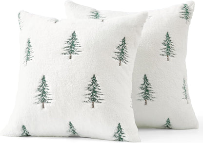 Christmas Decorative Pillow Covers Set of 2 Faux Fur Throw Pillows with Embroidered Christmas Tree 18X18 Inch White Green Winter Couch Covers for Festival Sofa Bedroom Living Room Home Decor