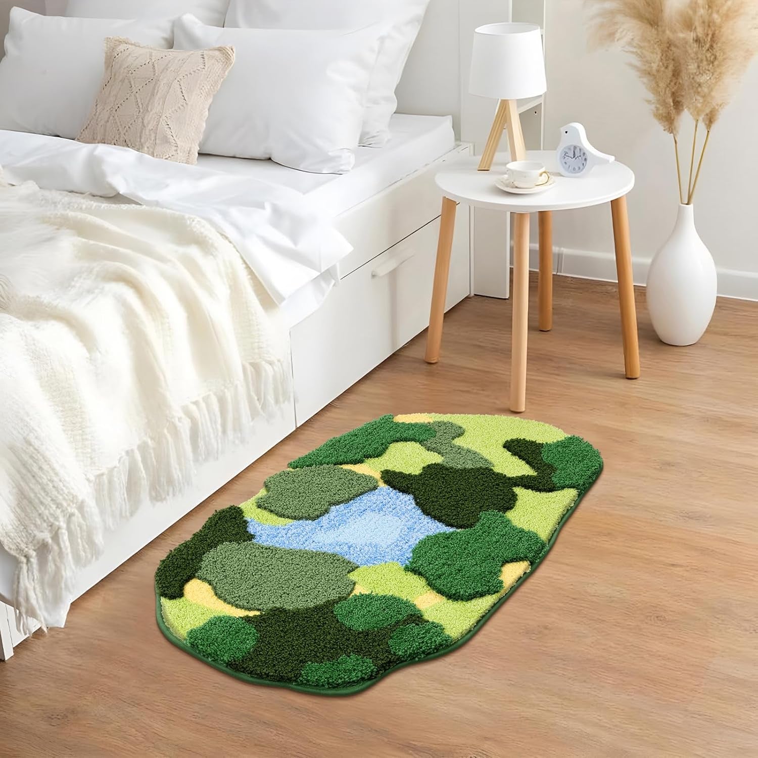 Soft Fluffy Green Moss Bath Rugs 20"X35" Non Slip Bath Mats Cute Fun Irregular Unique Bathroom Rugs Absorbent Carpet for Bathroom Shower Tub Bedroom Rug Decor, Multigreen Moss Blue Pond