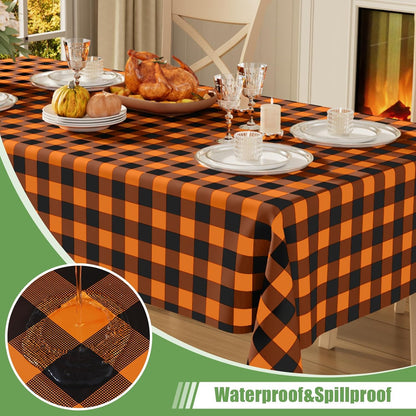 3 Packs Gingham Disposable Table Cloth, 54 X 108 Inch Waterproof Plastic Tablecloth, Rectangle Black and Orange Checkered Table Covers for Picnic, Birthday, Party