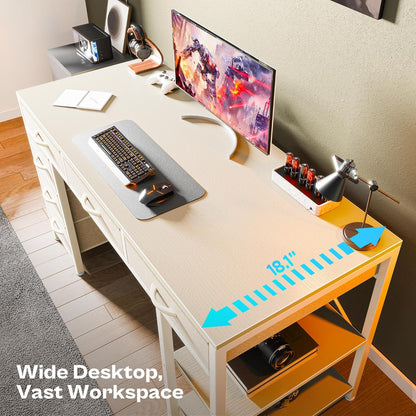 47-Inch Computer Desk with 6 Drawers and Shelves, Reversible Corner Desk for Home Office, Study, and Living Room, White