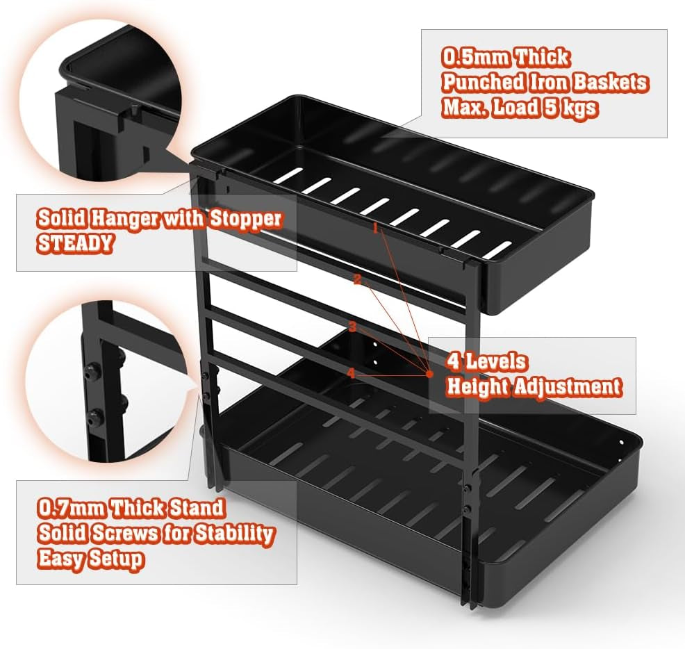 Height Adjustable 2 Tier Metal Pull Out Slide Shelf Organizer for under Sink Cabinets in Kitchen, Bathroom, with Snap-On Top Tray, 16" Deep (Black, 2 Sets)
