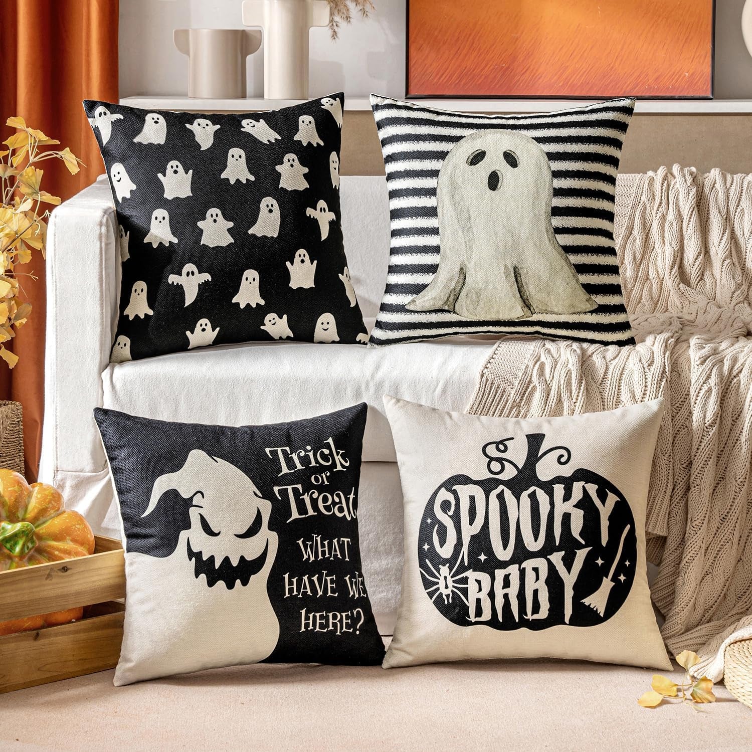 Halloween Pillow Covers 18X18 Inch Spooky Baby Cute Ghost Throw Pillow Covers Horror Scary Cushion Case for Sofa Couch Set of 4 Black