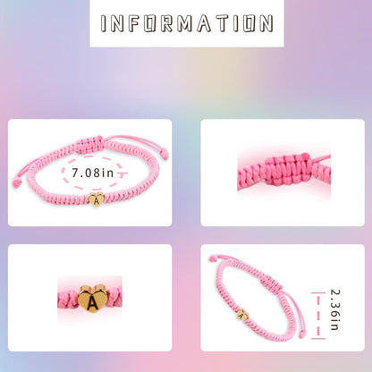 Pink Weave Rope Letter Bracelet for Women, Initial Bracelet Heart Charm 26 Letters A-Z Alphabet Handmade Adjustable Jewelry for Couple Teenage Girls Sister Valentines Day Mother'S Day (Pink-E)