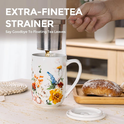 Ceramic Tea Mug with Infuser and Lid, 18 Ounce Capacity, Microwave and Dishwasher Safe, Ideal for Loose Leaf Tea Enthusiasts