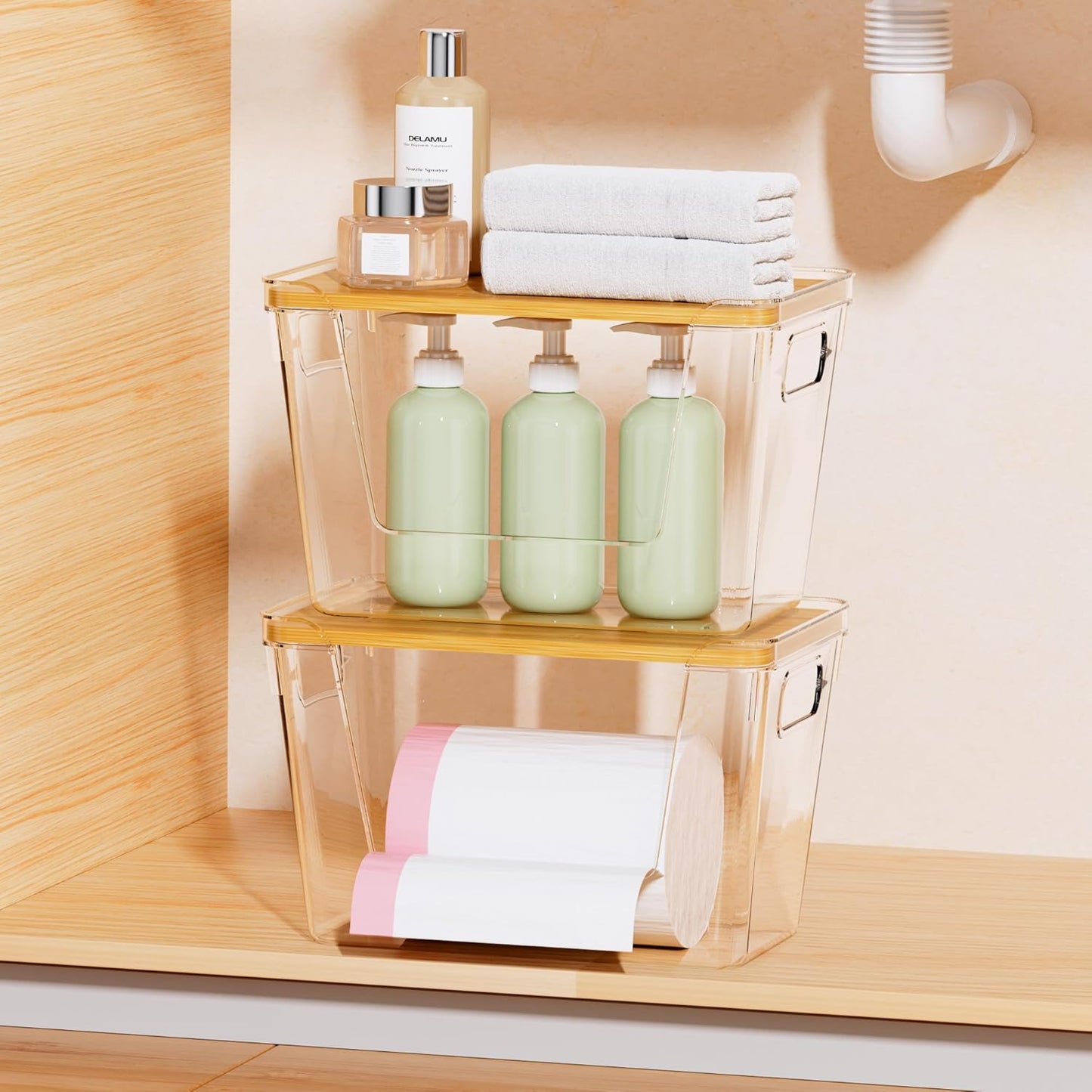 2 Pack Trash Bag Dispenser with Bamboo Lid,Clear Plastic Garbage Bag Organizer for 4-33 Gal Bags,Space-Saving under Sink Organizer for Kitchen, Laundry, Pantry