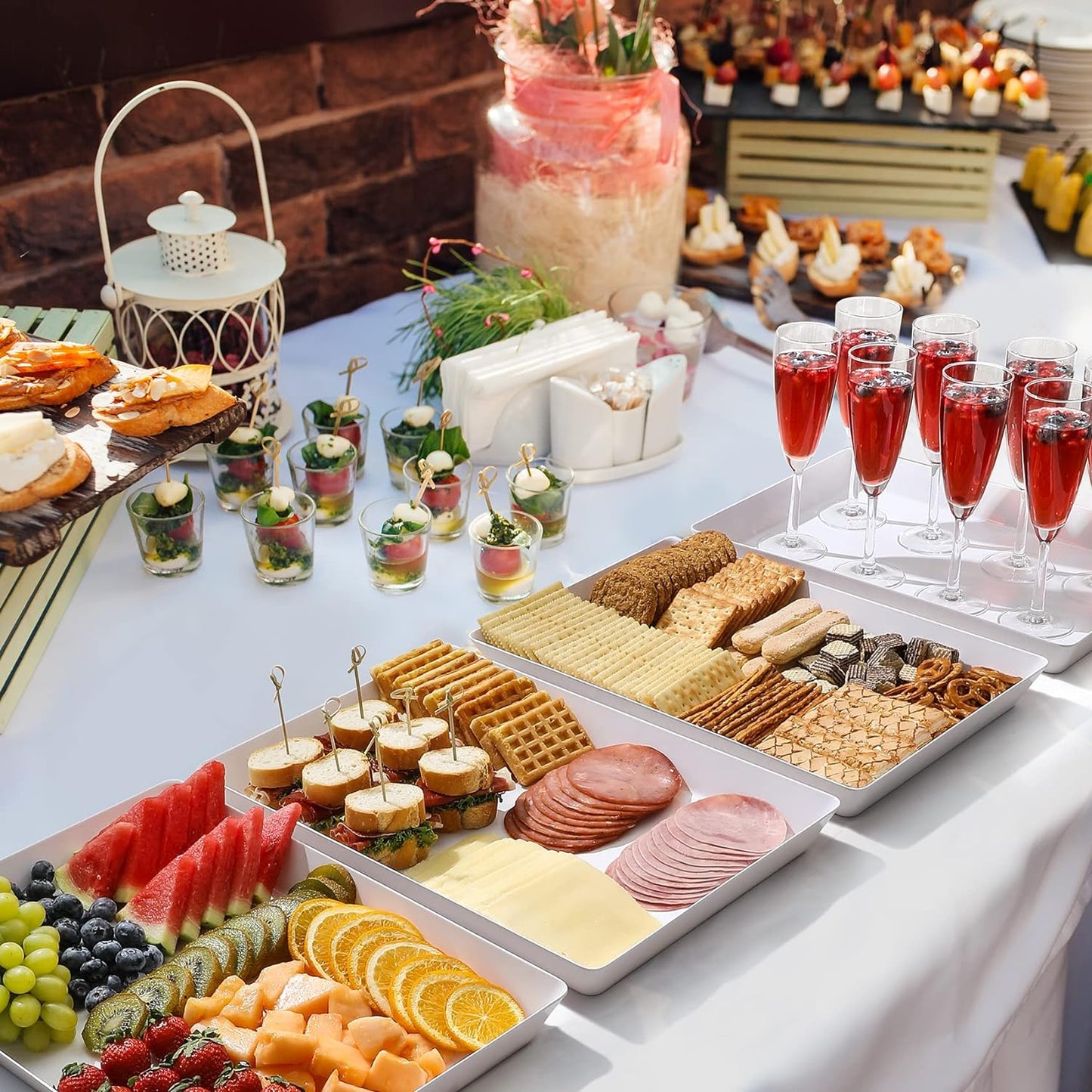 3 Pack, 16" X 11" Large White Serving Trays Set - Reusable Plastic Serving Platters for Cookie, Appetizer, Charcuterie, Snack, Dessert, Party Food Display - Stackable Kitchen Countertop Tray, BPA Free