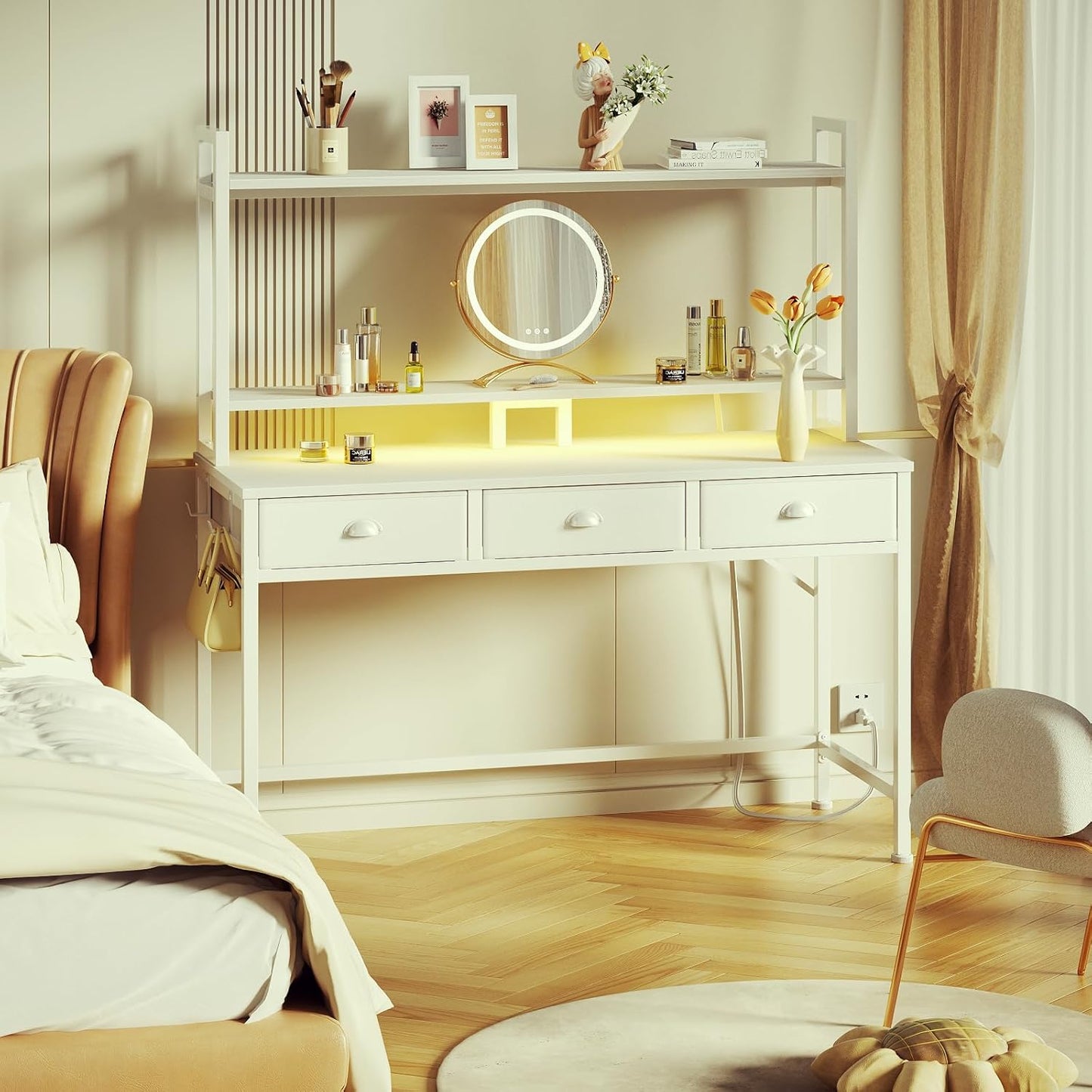 47'' White Computer Desk with 3 Drawers Hutch, LED Lights, Home Office Desks, Gaming Table with Monitor Stand, 2AC Power Outlets and 2 USB Ports, Modern Work Study Table for Bedroom