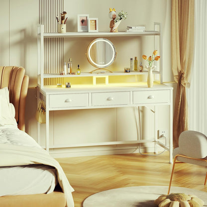 47'' White Computer Desk with 3 Drawers Hutch, LED Lights, Home Office Desks, Gaming Table with Monitor Stand, 2AC Power Outlets and 2 USB Ports, Modern Work Study Table for Bedroom