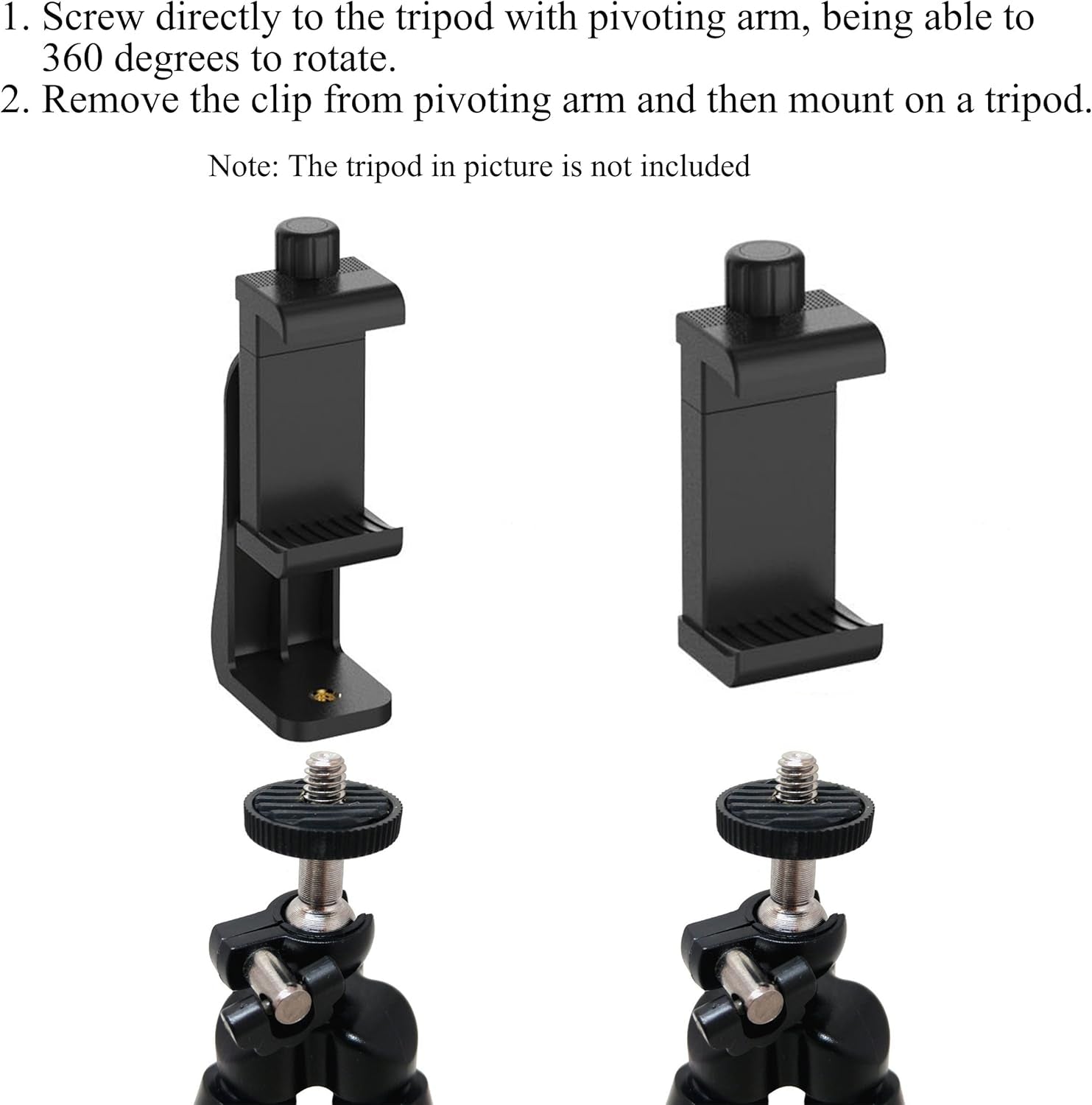 Phone Holder/Vertical and Horizontal Tripod Mount Adapter Rotatable Bracket with 1/4 Inch Screw, Adjustable Clip for Iphone, Android Cell Phone, Selfie Stick, Camera Stand