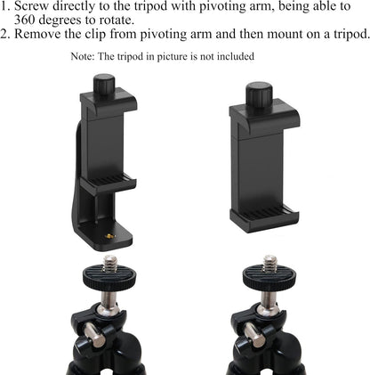 Phone Holder/Vertical and Horizontal Tripod Mount Adapter Rotatable Bracket with 1/4 Inch Screw, Adjustable Clip for Iphone, Android Cell Phone, Selfie Stick, Camera Stand