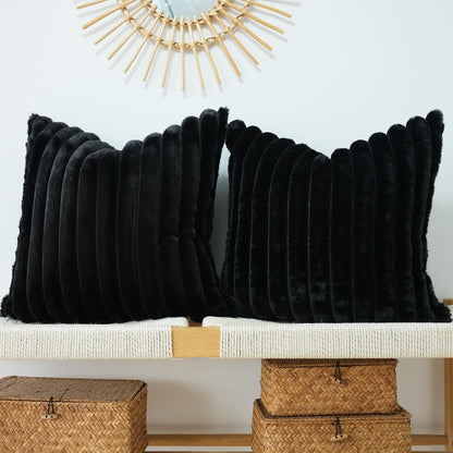 Pack of 2 Faux Fur Plush Decorative Throw Pillow Covers Couch Cushion Case Soft Pillowcases (Black, 20 X 20-Inch)
