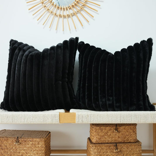 Pack of 2 Faux Fur Plush Decorative Throw Pillow Covers Couch Cushion Case Soft Pillowcases (Black, 20 X 20-Inch)