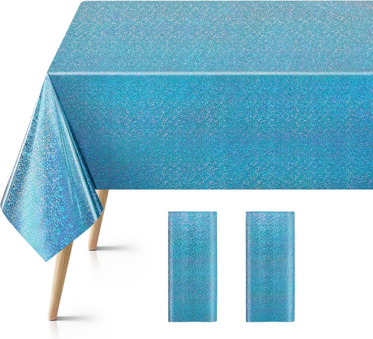 Set of 2 Blue Holographic Foil Tablecloths, 54x108 Durable Table Covers for Elegant Events, Ideal for Parties, Weddings, and Showers