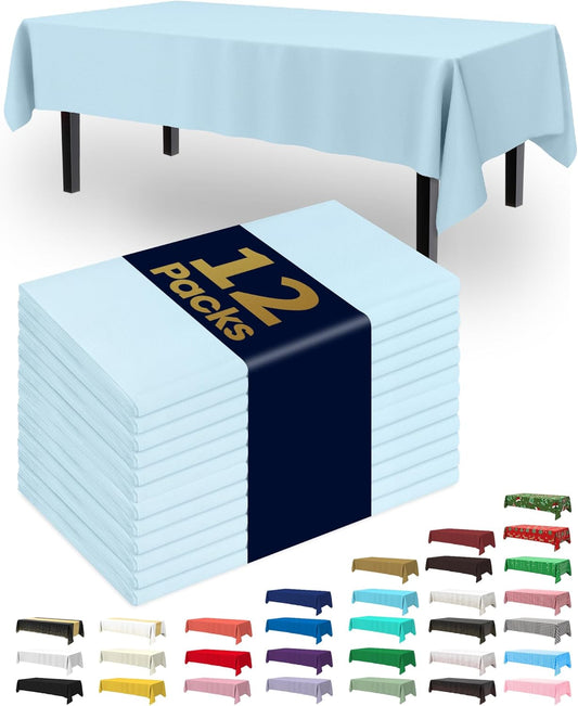 Plastic Table Cloth Disposable 12 Pack, 54 X 108 Inch Table Cloths, Easter Party, Picnic, Wedding, Decorative Tablecloths, Rectangle, Baby Blue Plastic Cover, Leakproof & Sturdy, Light Blue