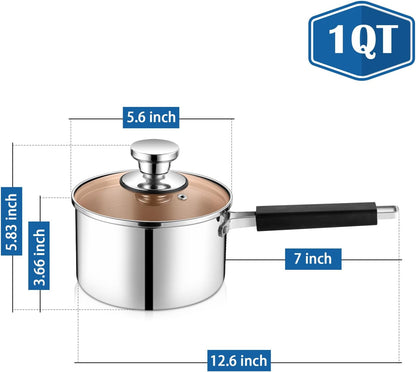 1 Qt Sauce Pan with Lid, Small Stainless Steel Sauce Pan, Tri-Ply Milk Induction Saucepan for Cooking Boiling Stewing, Heat-Proof Handle & Visible Lid, Dishwasher Safe