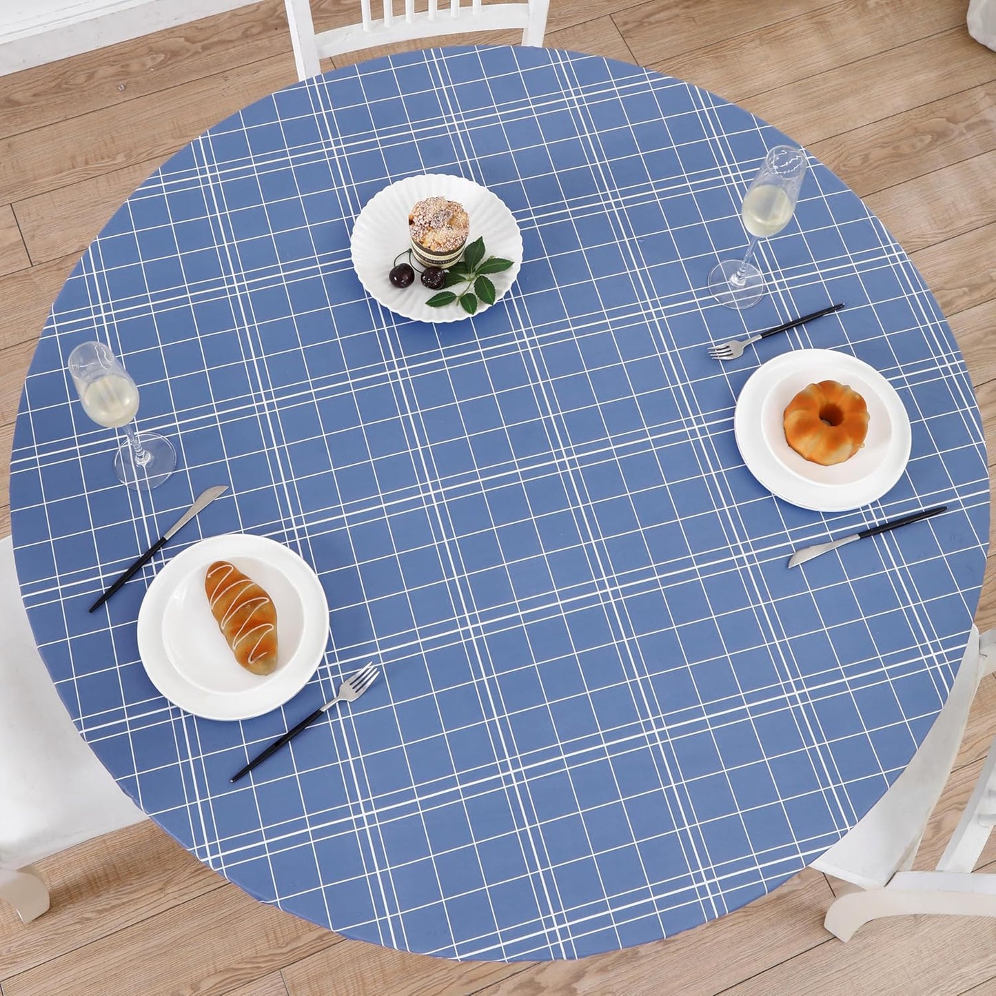 Round Vinyl Fitted Tablecloth with Flannel Backing Elastic Edge Design Table Cover Waterproof Oil-Proof PVC Table Cloth Stain-Resistant Best for 32"-36" Round